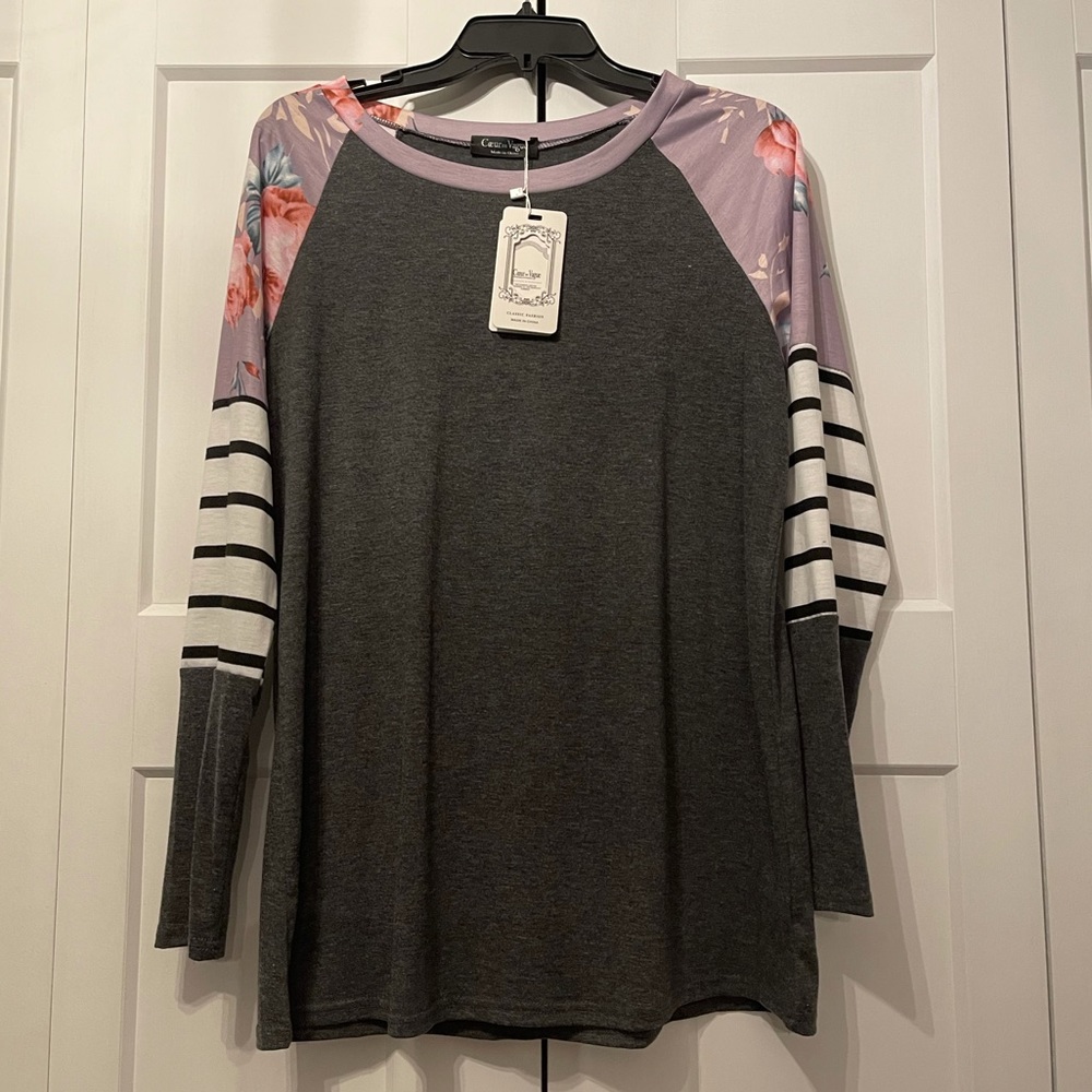 NWT Boutique Long Sleeve floral stripe shirt XL